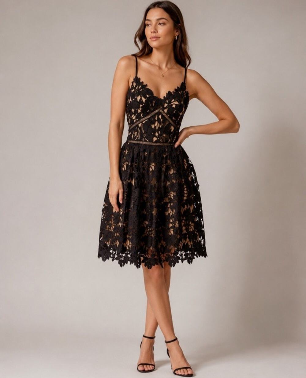 Romeo Juliet Couture Black Crochet Lace Black Midi Dress Gothic Romance Sz M